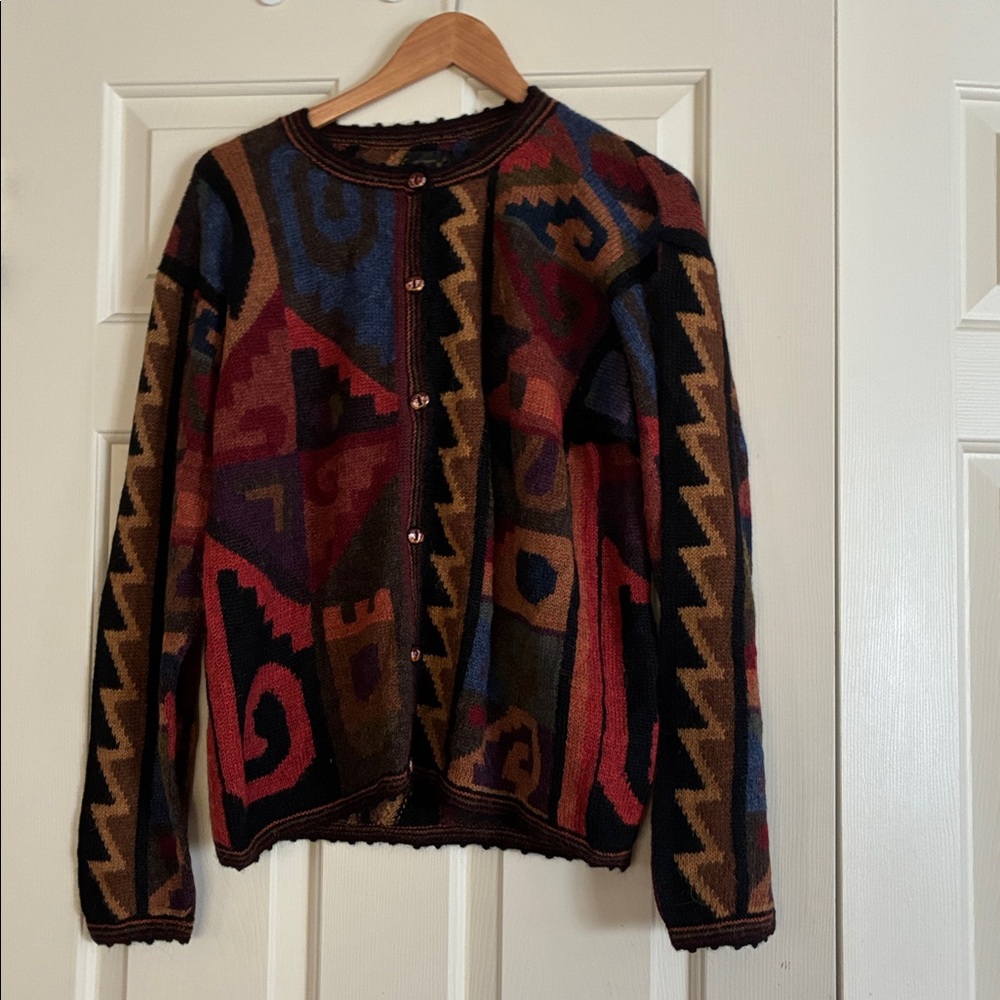 Juanita Multicolor Geometric Cardigan hand knit baby alpaca
